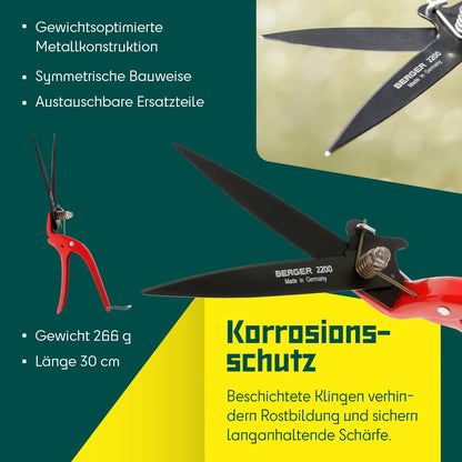 BERGER Commercial Grade Grass Shears, Self-Sharpening Steel Blades with Anti-Stick Coating, Forged