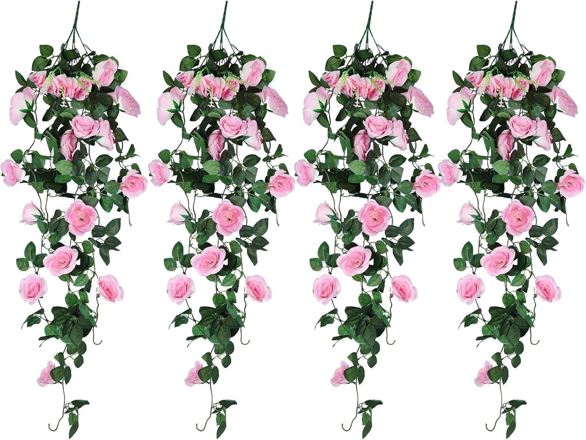 RECUTMS 4PCS Artificial Rose Vine Hanging Plants Fake Flower Outdoor Flowers UV Resistant for