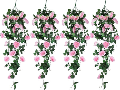 RECUTMS 4PCS Artificial Rose Vine Hanging Plants Fake Flower Outdoor Flowers UV Resistant for