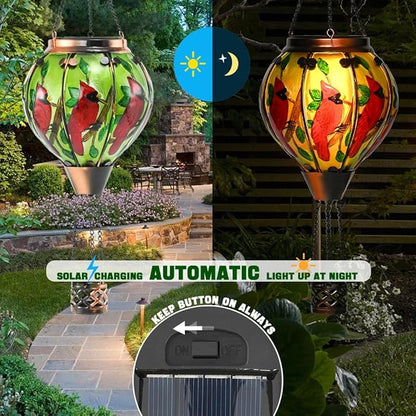 Hot Air Balloon Solar Lantern - Large Cardinal Bird Glass Lantern, Simulated Flickering & Dancing