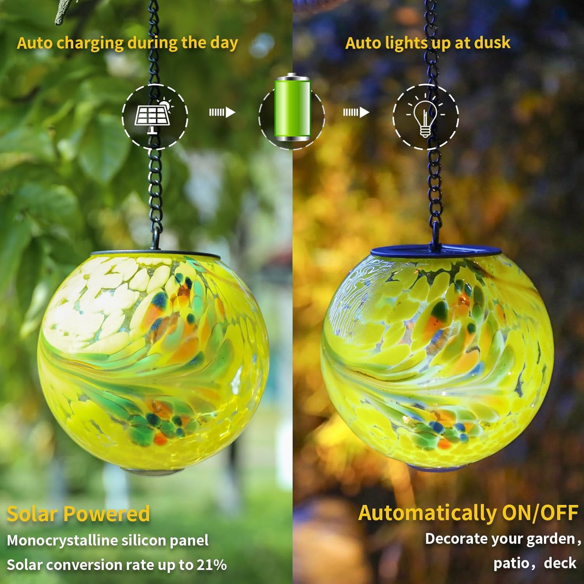 VCUTEKA Solar Hanging Lanterns Outdoor Decoration, Glass Solar Lights with Hook Up, Solar Garden