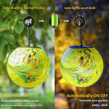 VCUTEKA Solar Hanging Lanterns Outdoor Decoration, Glass Solar Lights with Hook Up, Solar Garden