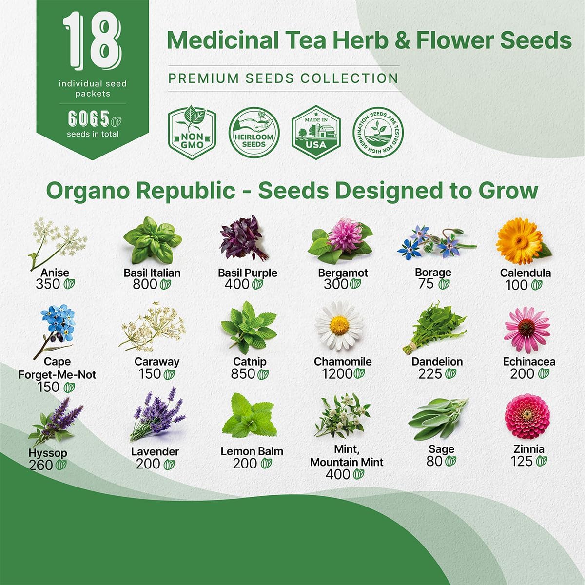18 Medicinal Tea Herb & Flower Seeds Variety Pack - 6,100+ Non-GMO Heirloom Flower Seeds for