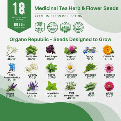 18 Medicinal Tea Herb & Flower Seeds Variety Pack - 6,100+ Non-GMO Heirloom Flower Seeds for