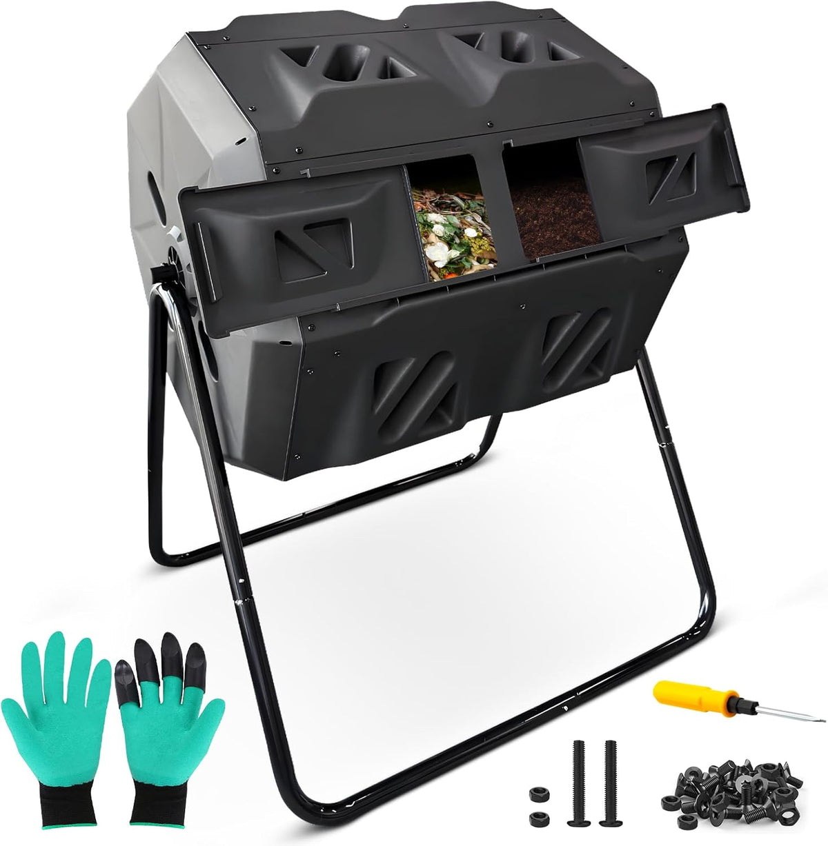 Compost Bin, 43 Gallon Dual Chamber Composter Tumbler Outdoor with 2 Sliding Door and Aeration