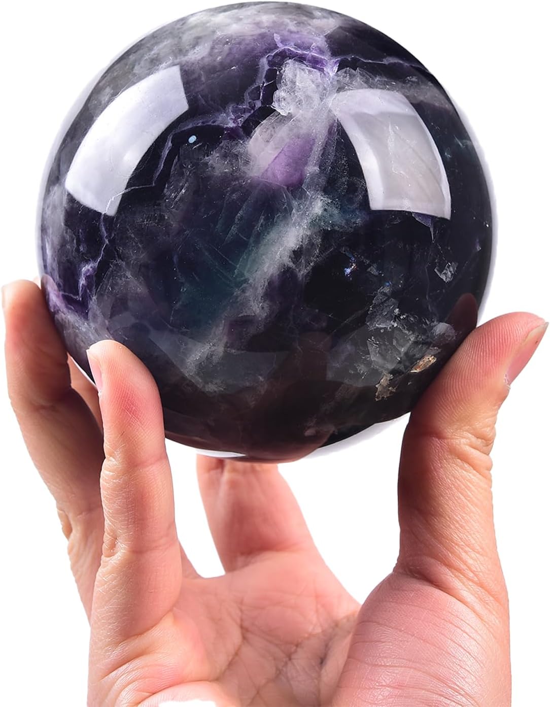 JIC Gem Large Crystal Sphere with Stand Colorful Fluorite Crystal Ball Gemstone Decorative Ball for