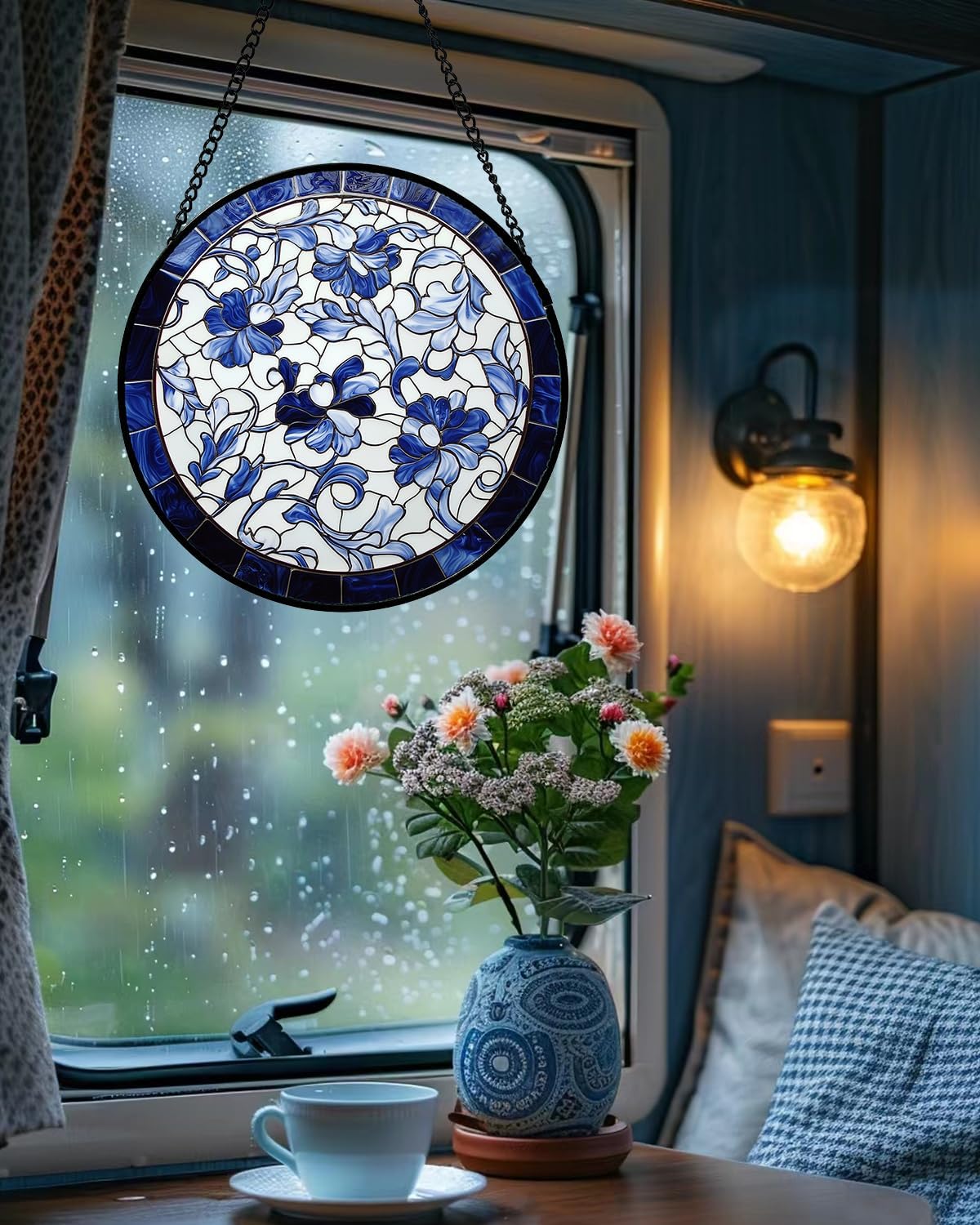 Stained Glass Window Hanging, Blue and White Abstract Flowers Sun Catcher for Door Home Decor