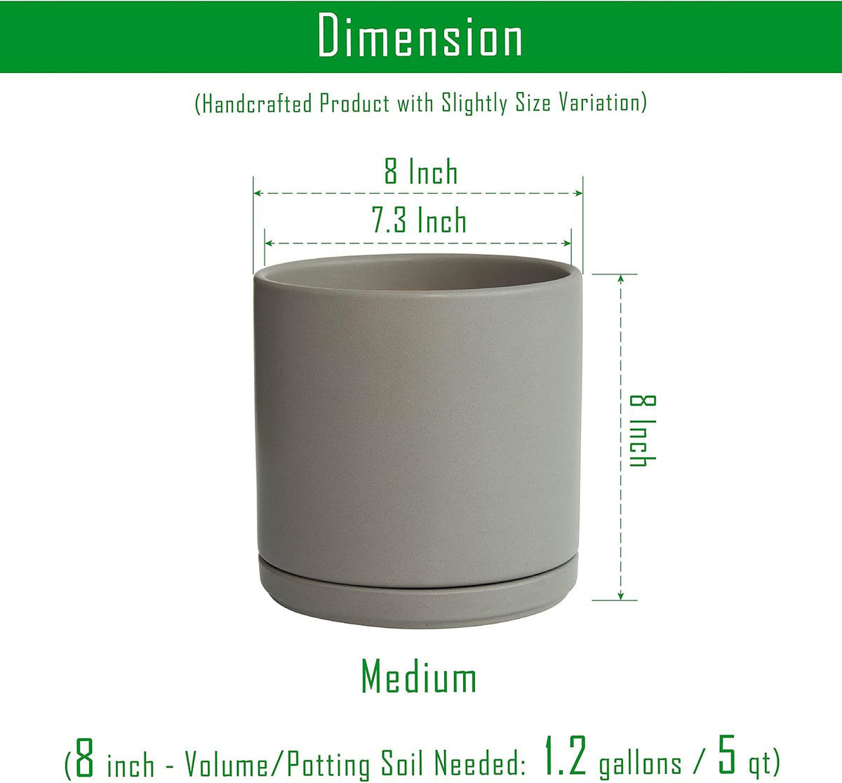 D'vine Dev 8 Inch Ceramic Planter Pot with Drainage Hole and Saucer, Indoor Cylinder Round Planter