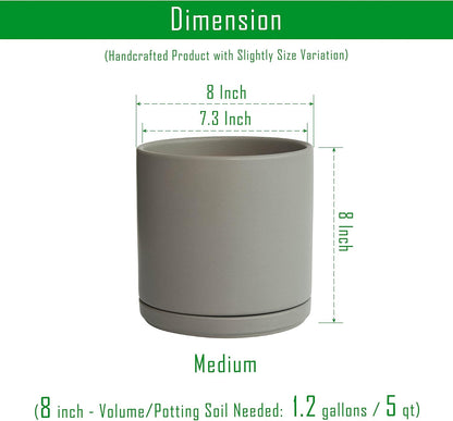 D'vine Dev 8 Inch Ceramic Planter Pot with Drainage Hole and Saucer, Indoor Cylinder Round Planter