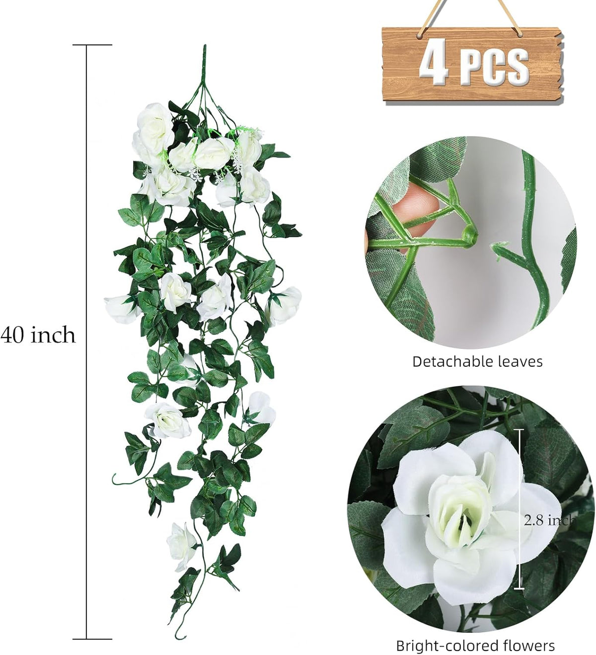 Artificial Hanging Rose Plant 4Pieces 3.3Ft Faux Ivy Plants Fake Outdoor Flowers Vines,UV Resistant