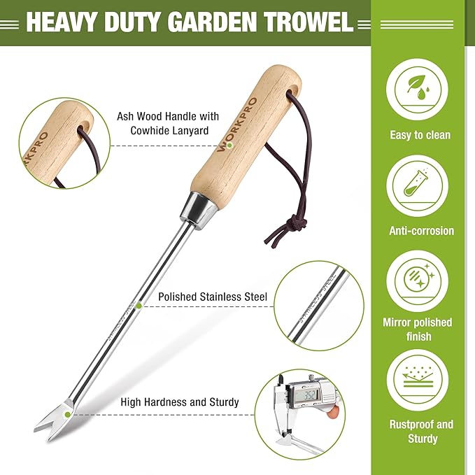 WORKPRO Dandelion Weeder Puller Tool with Wood Handle, Polished Stainless Steel Garden Weed Remover