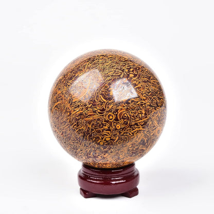JIC Gem Real Natural Large Crystal Sphere Ball with Wooden Stand for Fengshui Golden Jade Healing