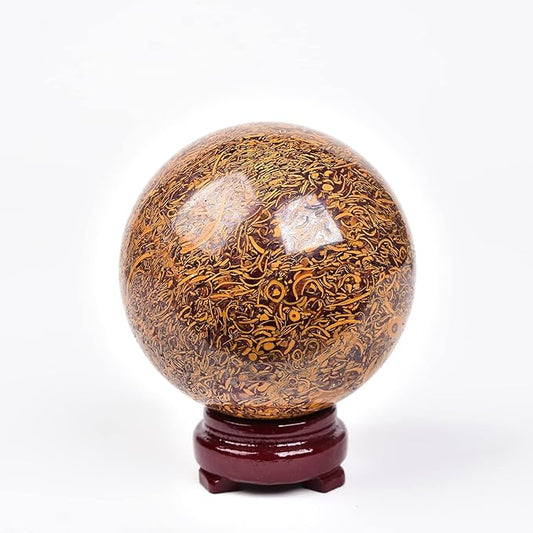 JIC Gem Natural Crystal Sphere Ball with Wooden Stand for Fengshui Golden Jade Healing Crystal Ball