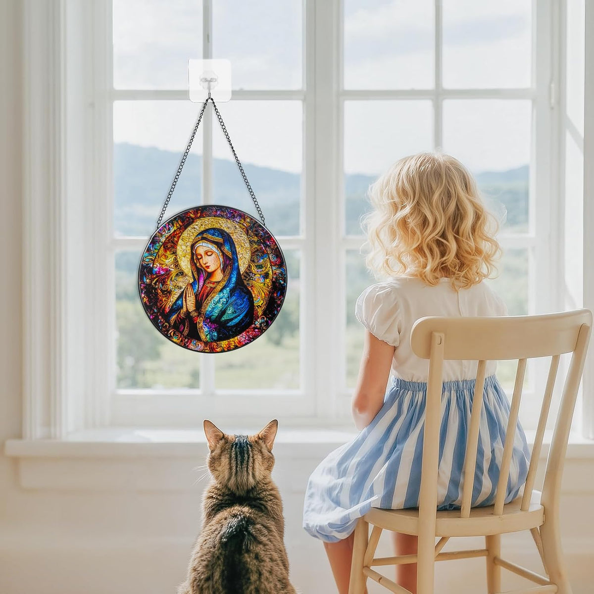 Suncatcher Stained Glass Window Hanging - Mother Mary Glass Panel with Metal Chain and Hooks