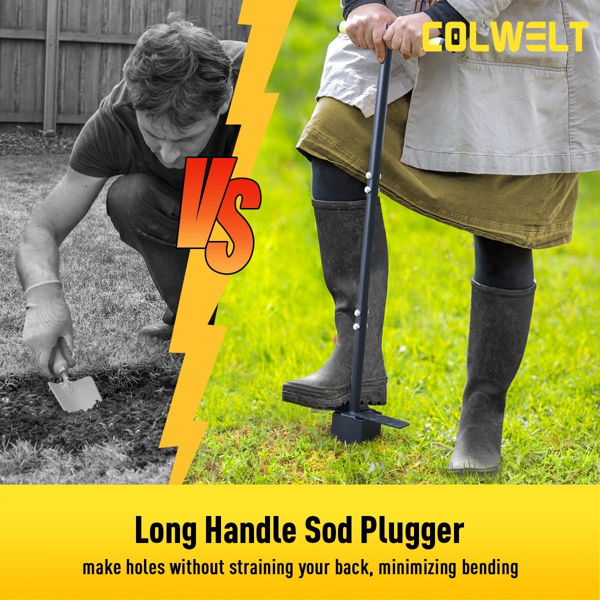 Colwelt Sod Plugger Tool 36-INCH, Grass Plug Tool 3 x 3 Square with Serrated Base, Long Handle Bulb