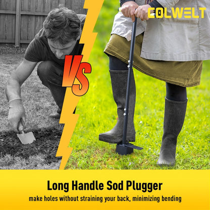 Colwelt Sod Plugger Tool 36-INCH, Grass Plug Tool 3 x 3 Square with Serrated Base, Long Handle Bulb