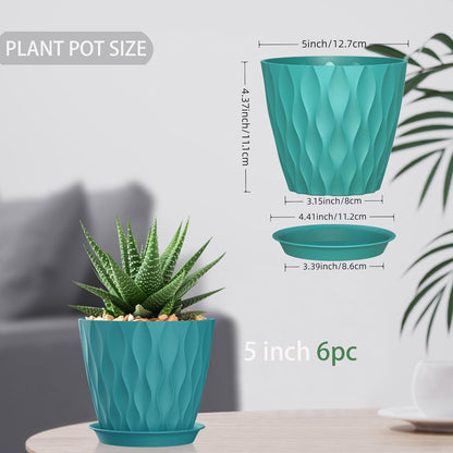 5 Inch Planter Pots, 6 Pack Indoor Planters, Small Flower Pots with Drainage Holes and Tray for