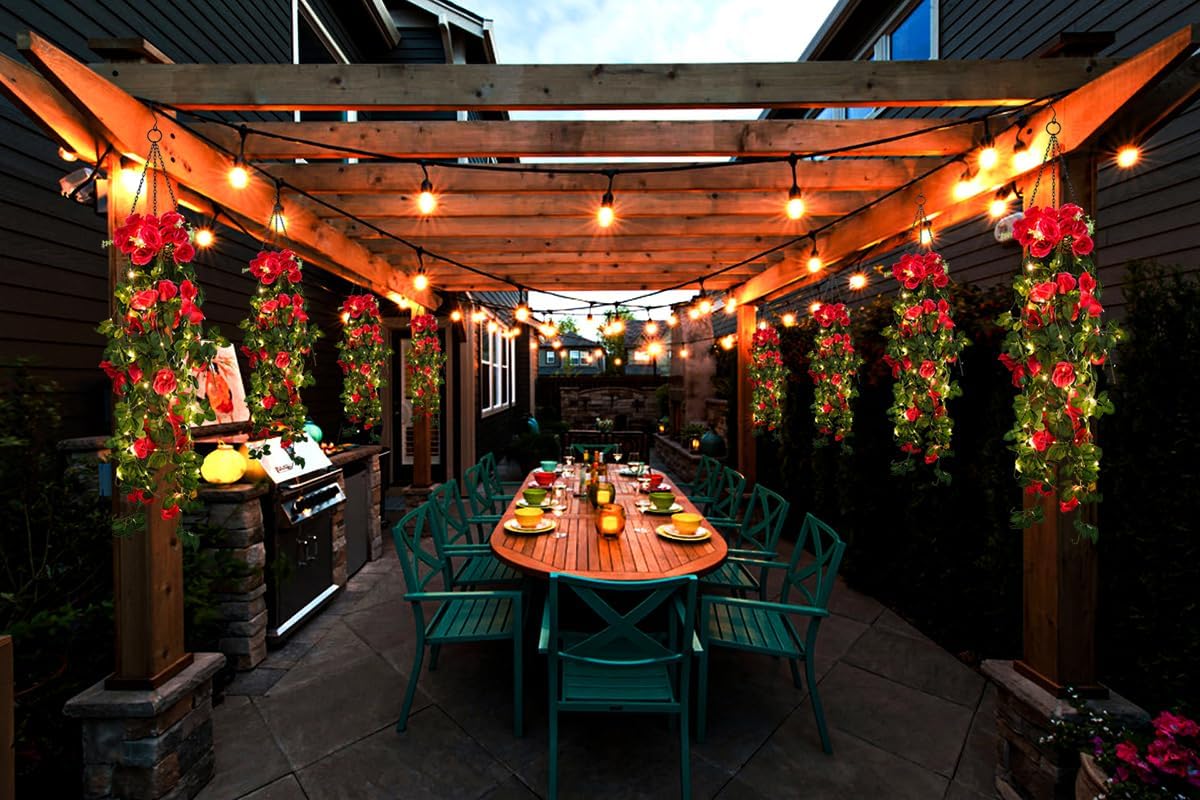 RECUTMS 4 Pack Artificial Plants Fake Hanging Flowers Faux Ivy Vines with LED Fairy Lights Plastic