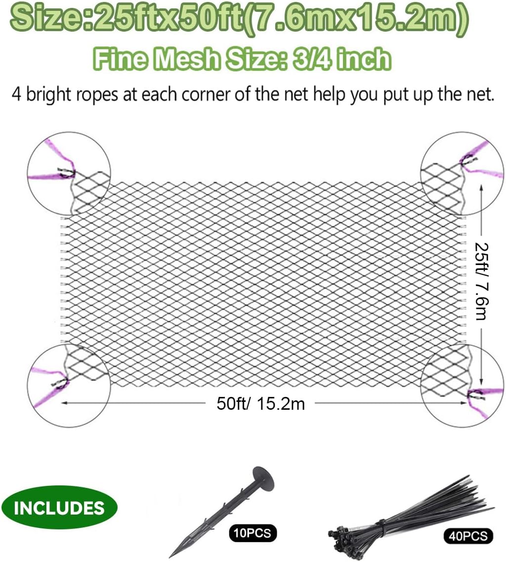 OGORI 25' x 50' Bird Netting Heavy Duty Nylon 3/4" Mesh Garden Netting Protect Fruit Trees, Plants