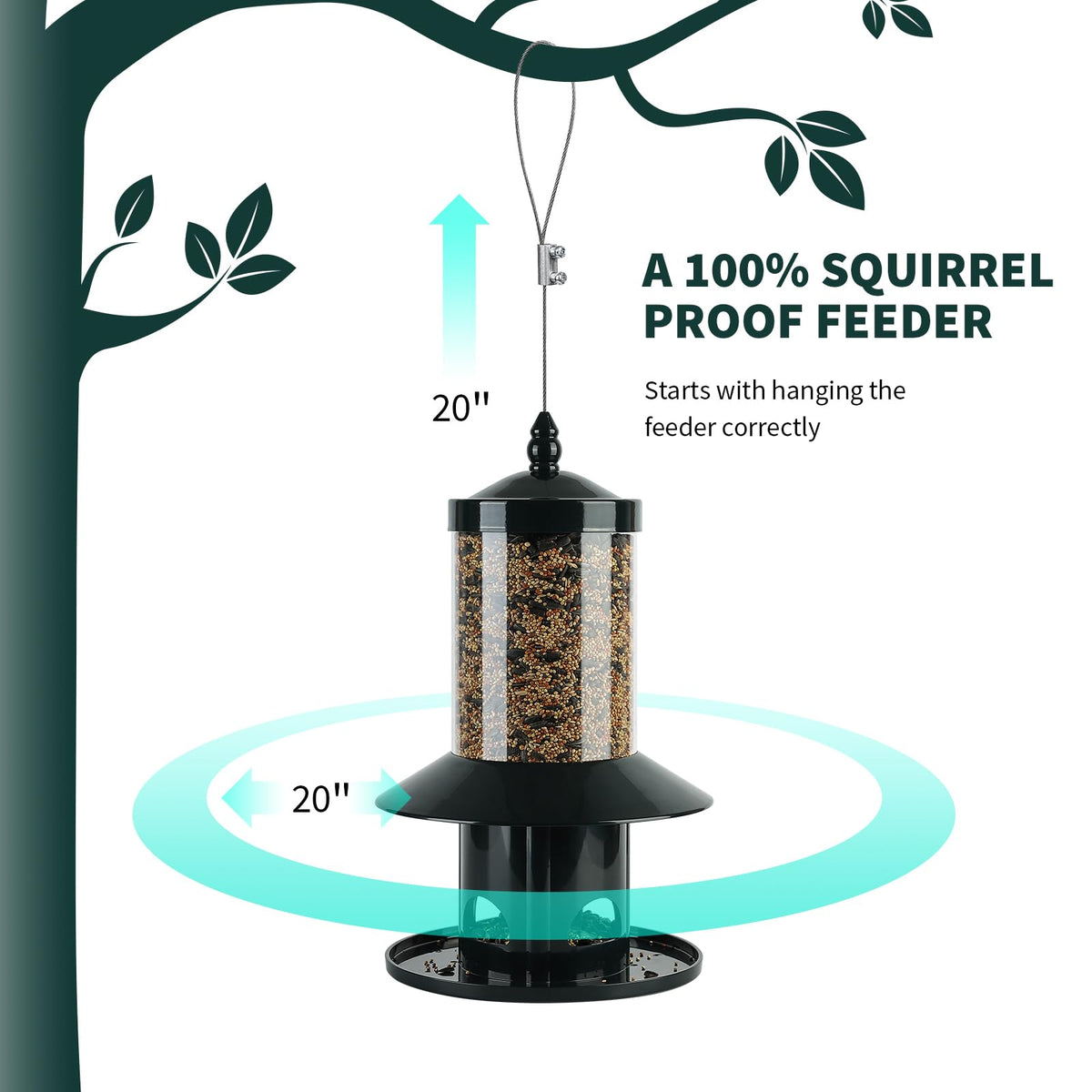 Squirrel Proof Bird Feeder - 360° Feeding Perch Tray for Outdoor Hanging Wild Bird Seeds, Dark