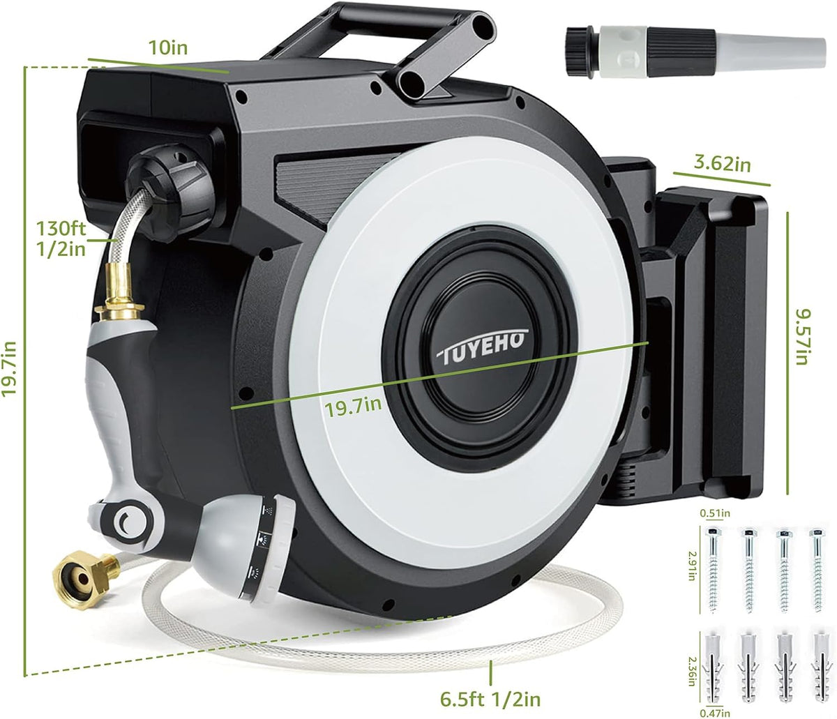 Tuyeho Retractable Garden Hose Reel 130 FT, Wall Mount Heavy Duty Water Hose Reels with Automatic