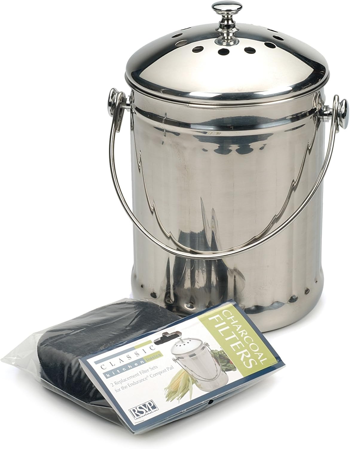RSVP International Kitchen Collection Compost Pail, Dishwasher Safe, 1 Gallon Capacity, Stainless