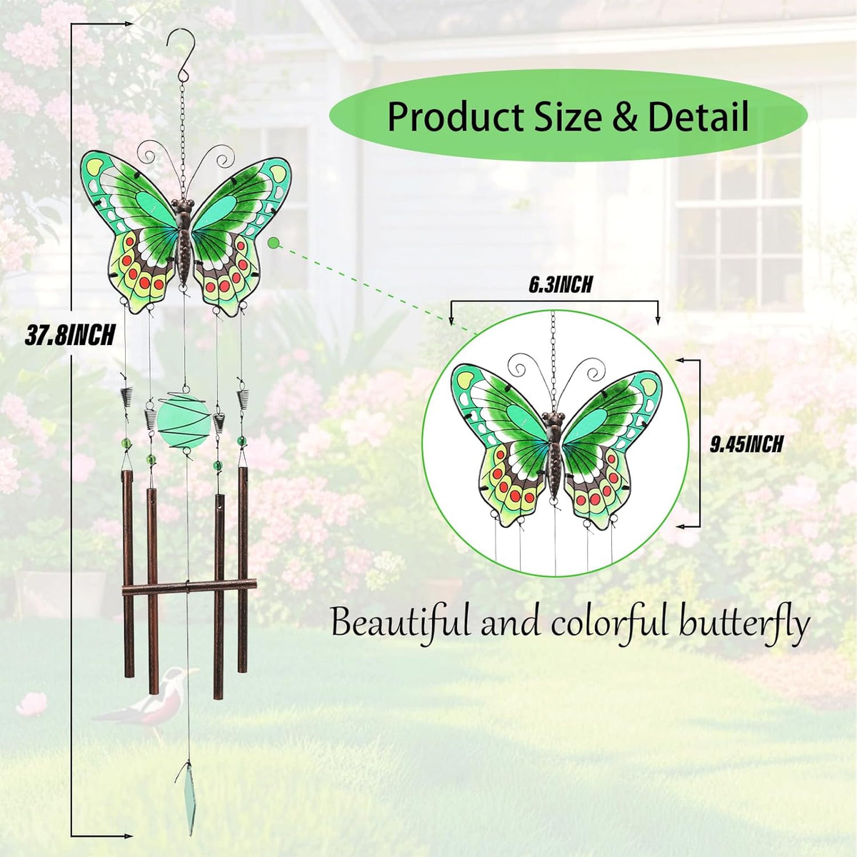 MUMTOP Butterfly Wind Chimes for Outside, Stained Glass Wind Chime Windchimes for Patio