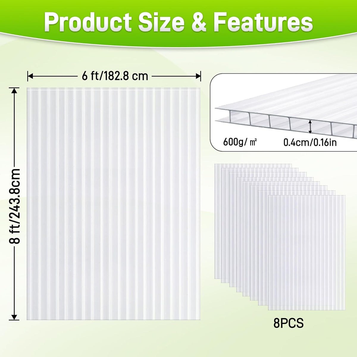 8 Pack 8' X 6' X 0.16'' Polycarbonate Greenhouse Panels, Waterproof UV Protected Clear
