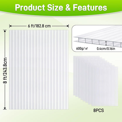 8 Pack 8' X 6' X 0.16'' Polycarbonate Greenhouse Panels, Waterproof UV Protected Clear