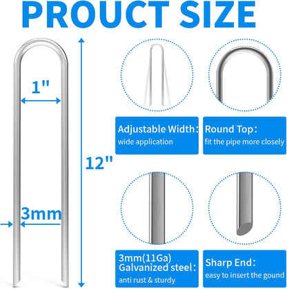 MySit 12 Pack 12 Inch Garden Stakes Heavy Duty 11 Gauge Galvanized Yard Staples U Pegs Fences Drip