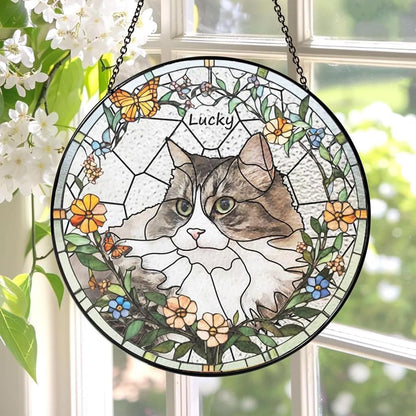 Custom Cat Portrait Stained Glass Window Hanging Light Catcher, Pet Memorial Stained Glass Photo
