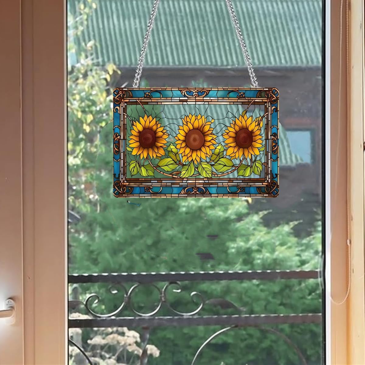 Large Acrylic Sunflower with Green Leaves Window Hanging Decor - Stained Glass Style with Colorful