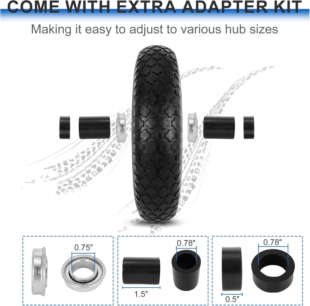16" Flat Free Wheelbarrow Tires, 4.80/4.00-8" Flat-Free Solid Tire with 5/8" Axle Bore Hole for
