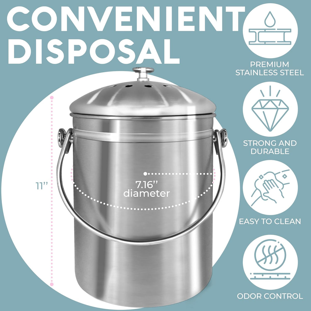 EPICA Countertop Compost Bin Kitchen | 1.3 Gallon | Odorless Composting Bin with Carbon Filters |