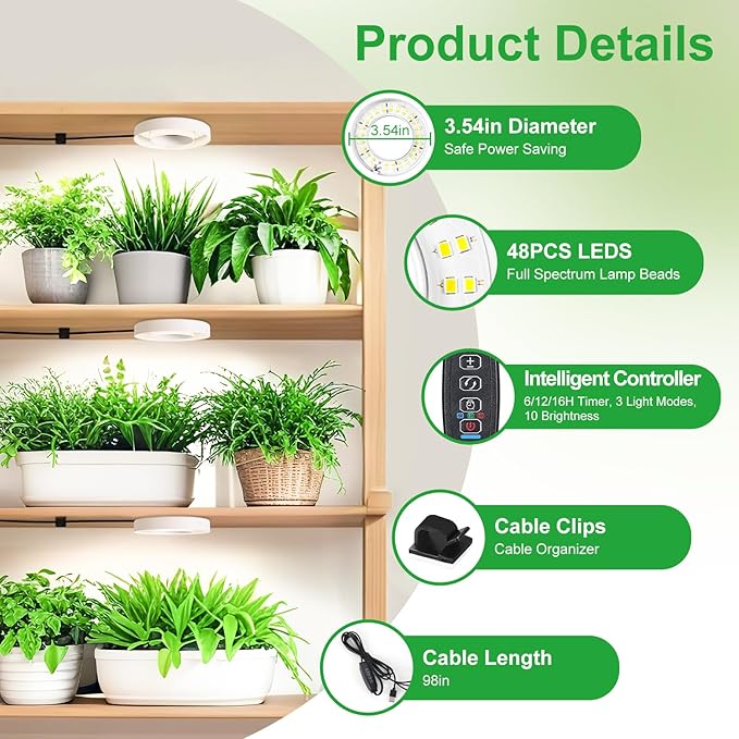3 Head White Halo Angel Ring Ceiling LED Plant Growth Lights for Shelf, 3000K+6000K Full Spectrum