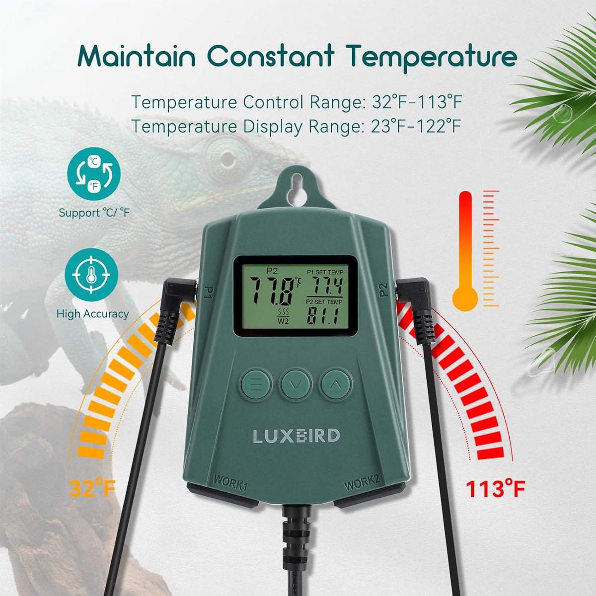 Luxbird Reptile Heating Pad 8x12 Inch with Dual Output Reptile Thermostat LB-2SC Combo Set Under