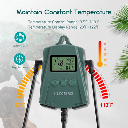 Luxbird Reptile Heating Pad 8x12 Inch with Dual Output Reptile Thermostat LB-2SC Combo Set Under