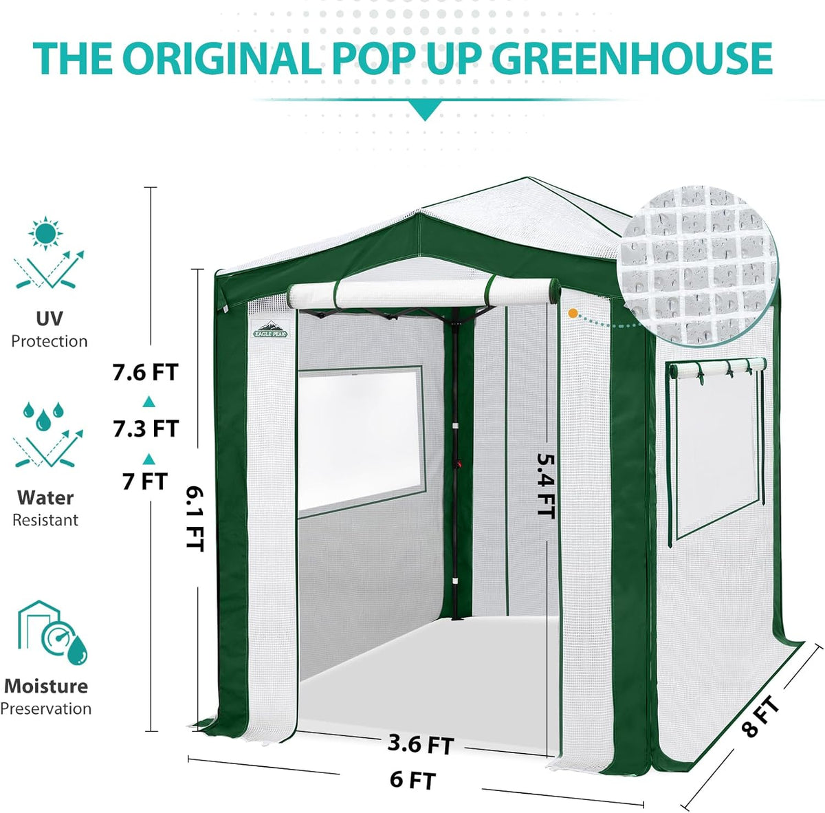 EAGLE PEAK 8x6 Portable Walk in Greenhouse with Polyester Reinforced Corners, Instant Pop Up Indoor