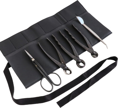 Wazakura Made in Japan 5PCS Bonsai Tool Kit with Roll Bag: Yasugi Steel Twig Bonsai Scissors