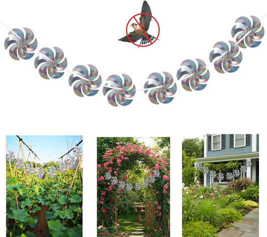 10 Meters of 8 Pieces Reflective Pinwheels Strings, Sparkly Hanging Scare Bird Deterrent Windmills