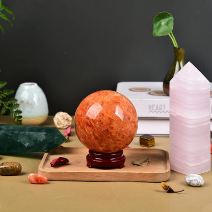 JIC Gem Natural Sunstone Sphere Ball with Wooden Stand for Fengshui Rare Healing Crystal Decoation