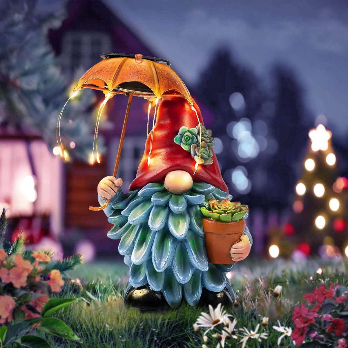 Solar Outdoor Statues Gnome Garden Decor, Garden Gnome with Solar LED Umbrella Decorative for