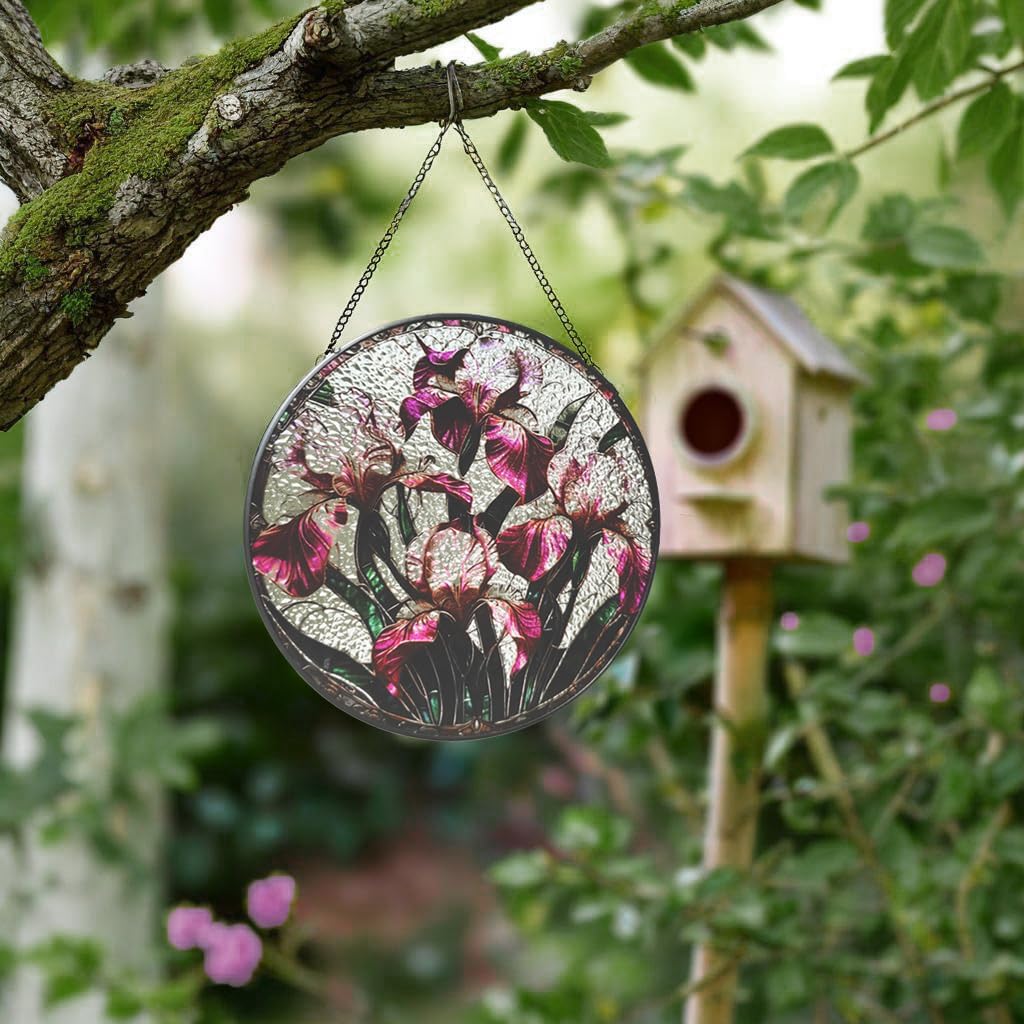 Floral Stained Glass Window Hanging - Iris Design Handmade Suncatcher, Luyseyha 8 Inch Sun Catcher