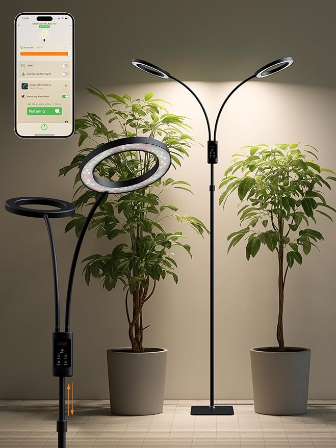 Smart Grow Lights for Indoor Plants,48W 2-Head Plant Light with Auto-Timer, Full Spectrum LED Grow