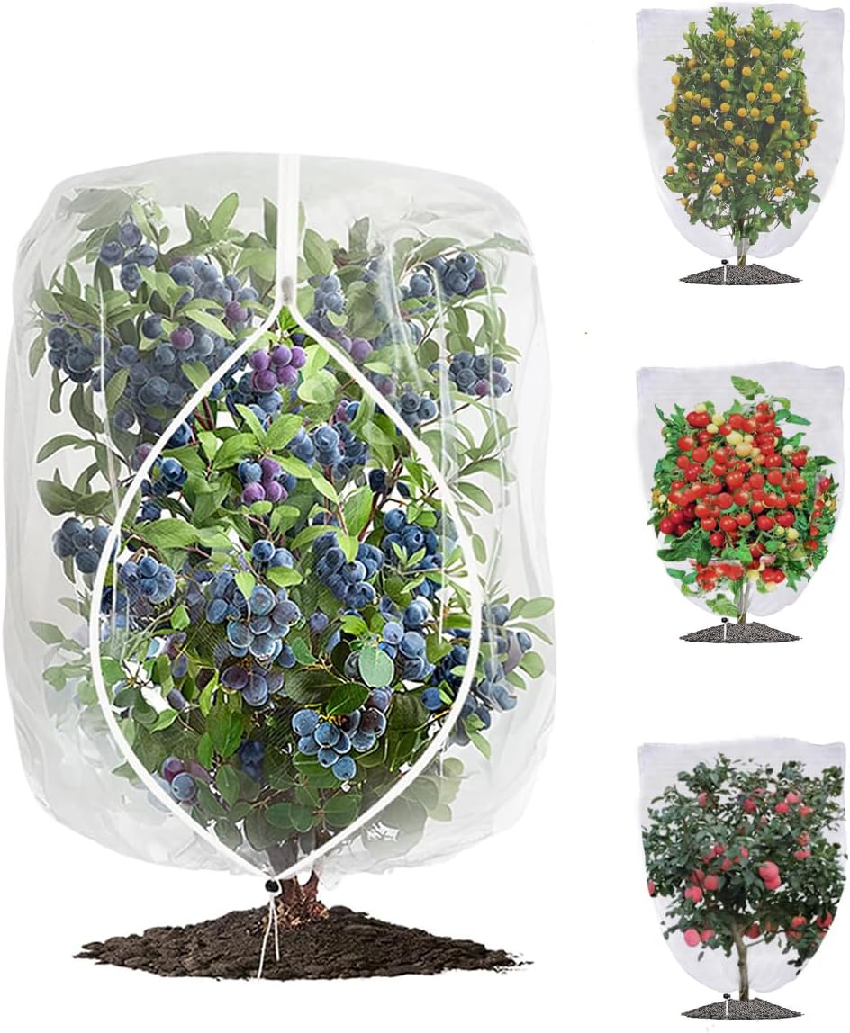 4 Pack Fruit Tree Netting with Zipper & Drawstring, 2.6 x 3.2 Ft Reusable Blueberry Bush Netting
