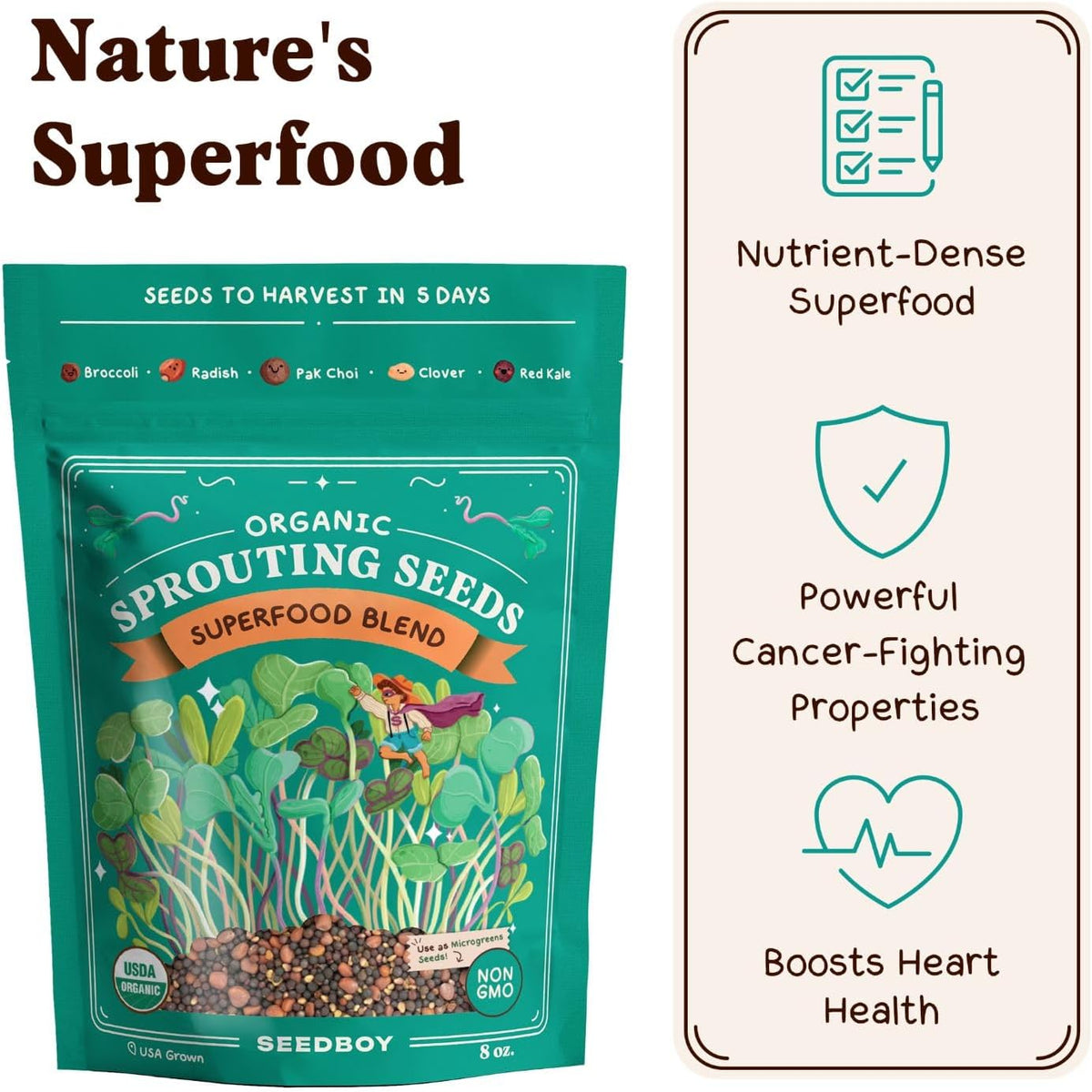 Seedboy Organic Non-GMO Sprouting Seeds, Superfood Blend - USA Grown Microgreens Mix with Broccoli