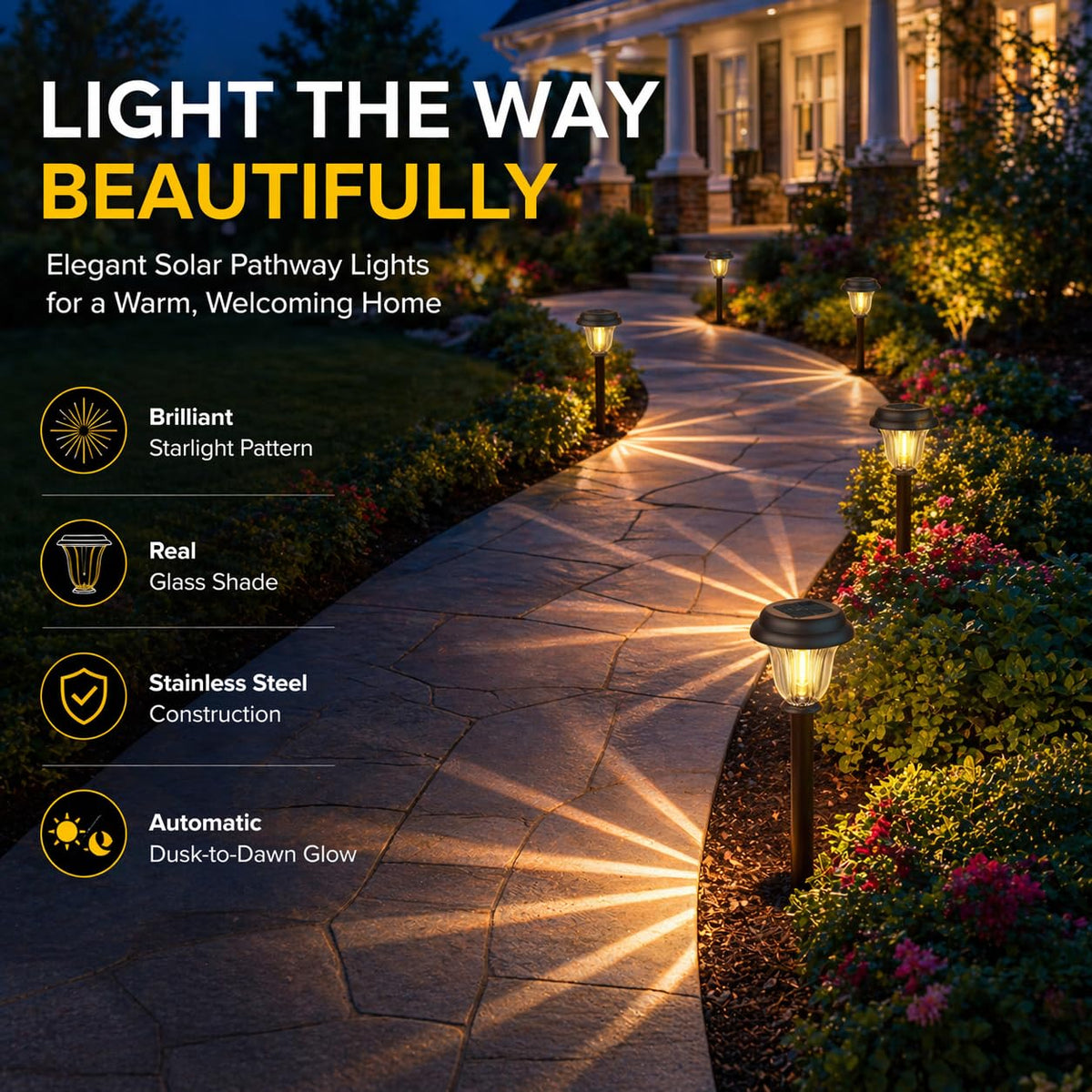 DERAYSION 8 Pack Solar Lights Outdoor, Stainless Steel Glass Solar Pathway Lights, Auto On/Off