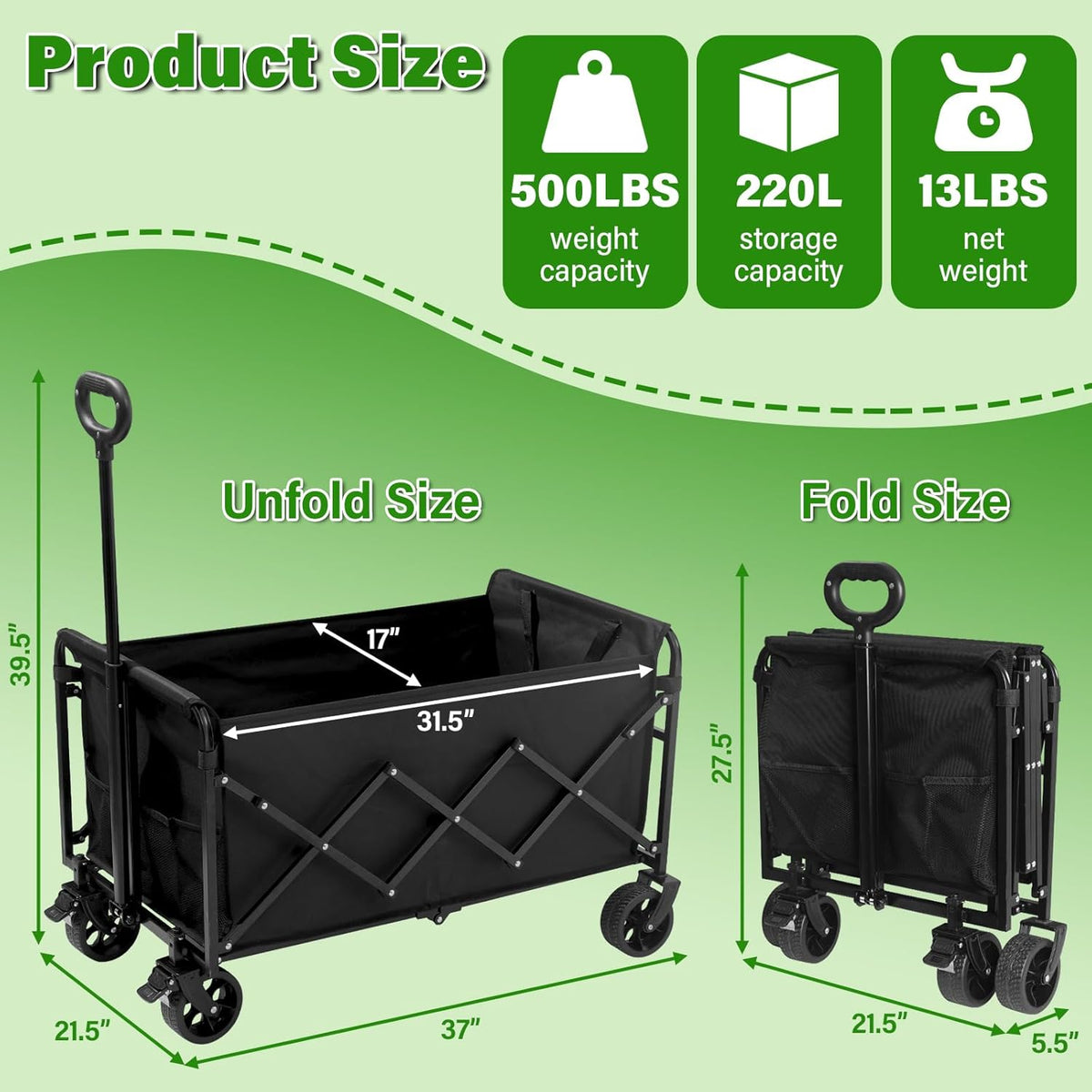 Wagon Cart Foldable,500Lbs Collapsible Wagon Cart with Wheels Portable, All Terrain Outdoor Utility