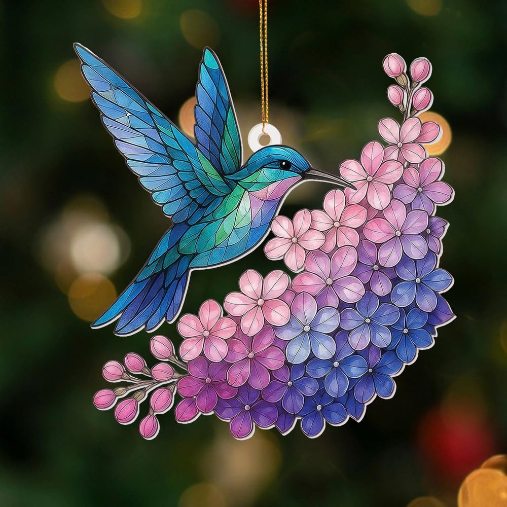 Hummingbird Stained Glass Ornament, Acrylic Window Hanging Suncatcher Decor, Bird Ornament for Car