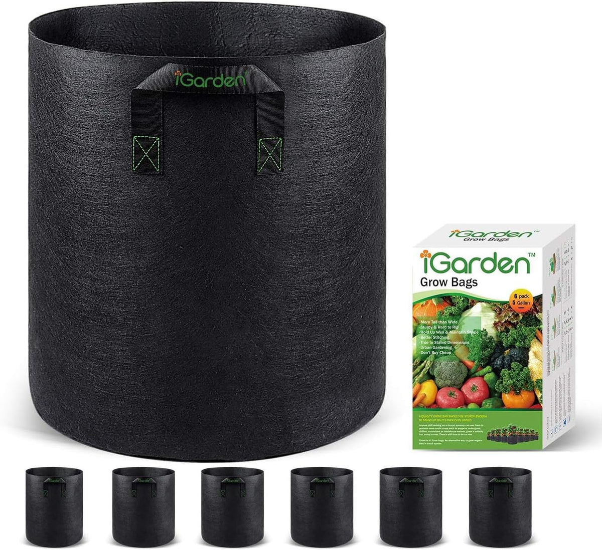 Grow Bags Tall, 5 Gallon Grow Pots 6 Pack with Handles, Heavy Duty 280G Thickened Nonwoven Fabric